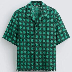 zara man crochet knit button down shirt teal s/m NWT